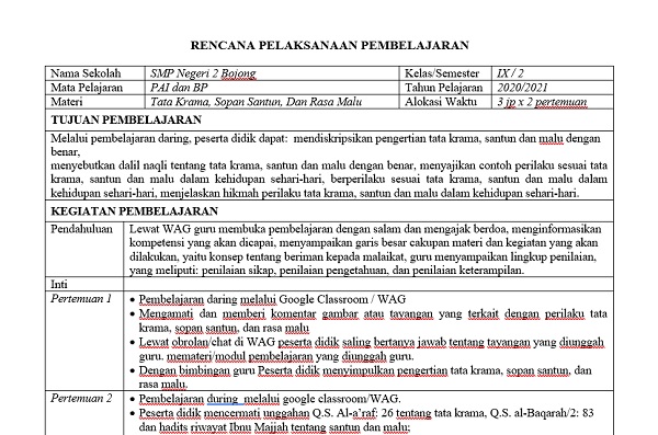 RPP PAI Kelas 9 Semester 2 Tahun 2020/2021, Materi Tata