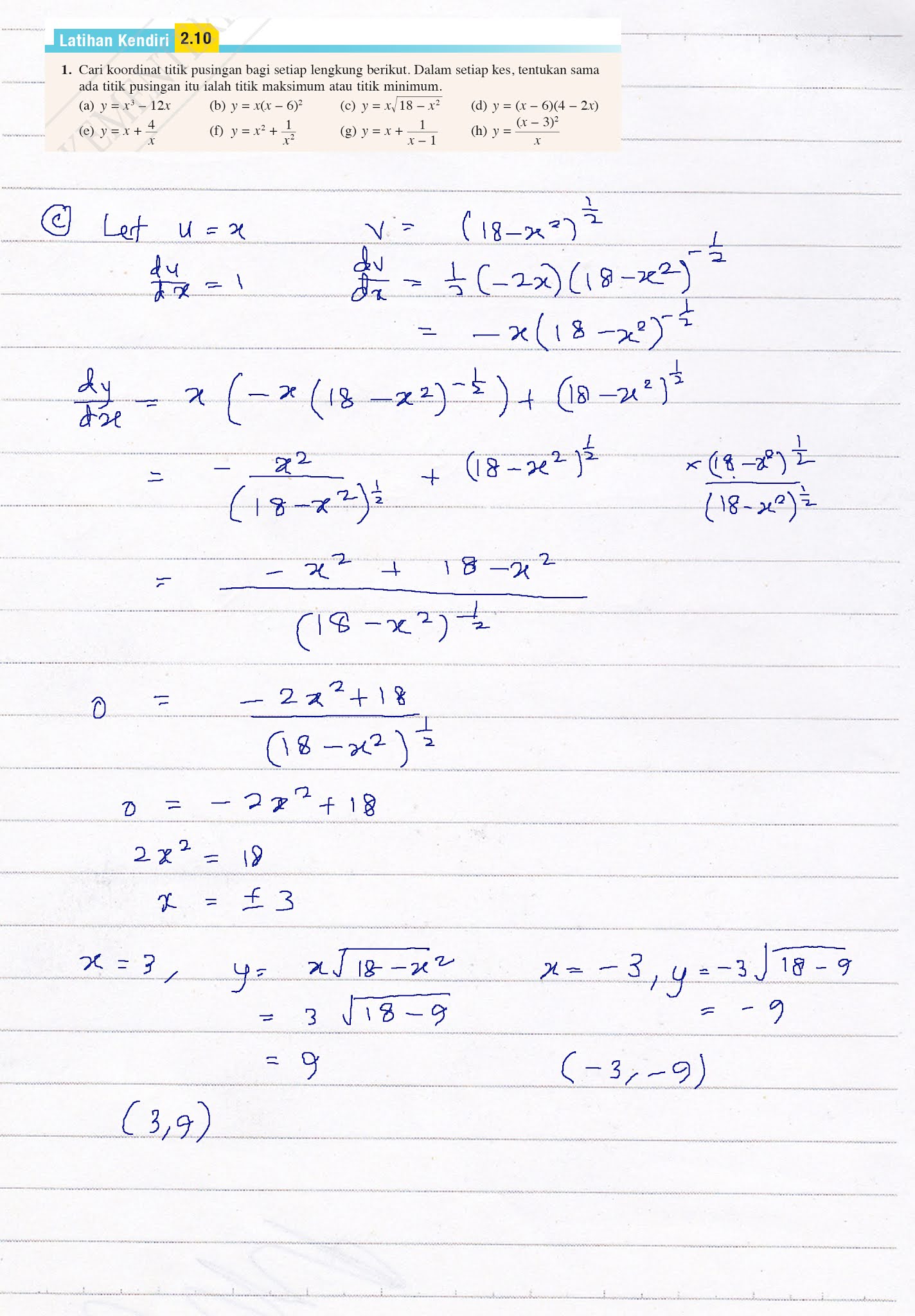 F5 Addmath Latihan Kendiri 2.10 Q1a 1b 1c Bab 2 Pembezaan Titik Pusingan