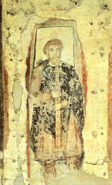 Изображение знатного франка на фреске IX века из церкви святого Бенедикта, Маллес-Веноста.
