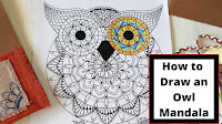 This picture includes an A4 paper on which is drawn an owl mandala, on its side a kraft handmade notebook with a pencils case and on its right a handmade brazilian bracelet