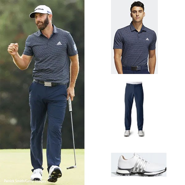 Dustin Johnson wearing Adidas sneakers, pants and polo shirt at Masters