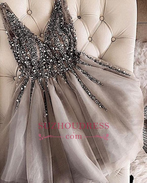V-neck Beading Sequins Cheap Homecoming Dresses Short | Sexy Silver Grey 2019 Hoco Dresses