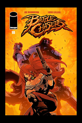 Joe Madureira's Battle Chasers Issue 10 Cover by Ludo Lullabi featuring the Characters Garrison and Red Monika
