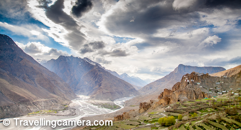 Dhankar village is situated at an elevation of approximately 3800 meters. The monastery complex is built on a high  montain overlooking the confluence of the Spiti and Pin Rivers on the left. That's one of the main reasons that Dhankar gompa is considered to be located at a very special location. The monastery was built approximately one thousand years ago and now belongs to the Gelugspa School.