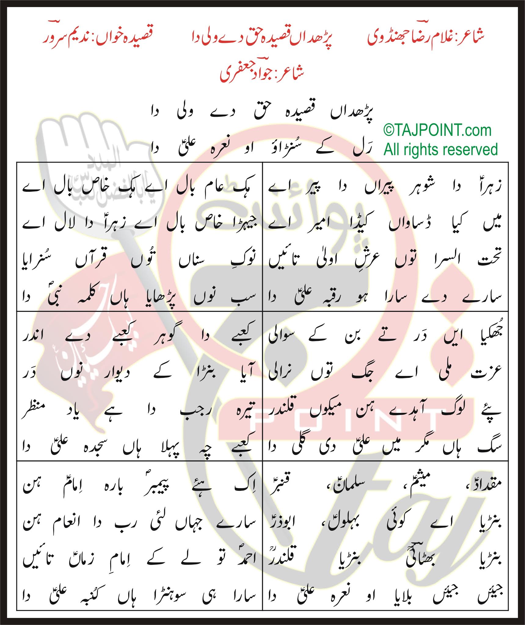 Parhdaan Qasida Haq De Wali Da Lyrics Nadeem Sarwar TAJpoINT Nohay