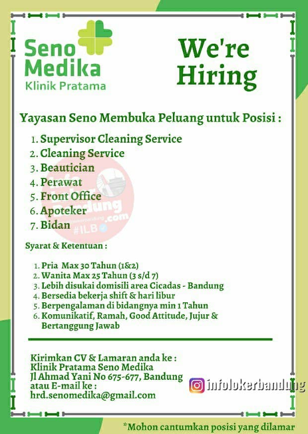 Lowongan Kerja Klinik Pratama Seno Medika Bandung Januari 2021 Info Loker Bandung 2021