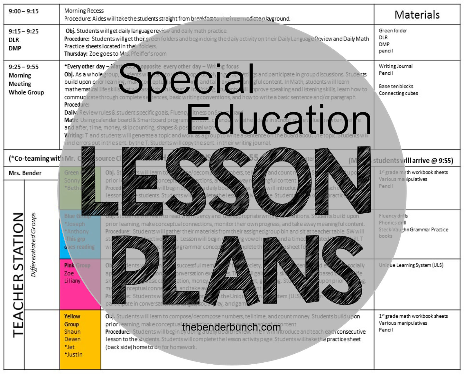 The Bender Bunch Special Education Lesson Plans
