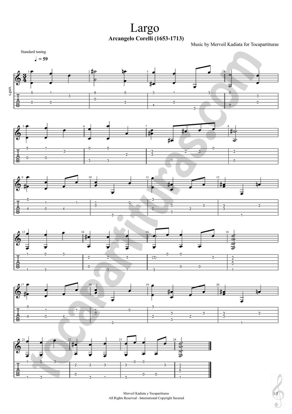 tocapartituras Largo de Corelli Partitura y Tablatura con dedos para