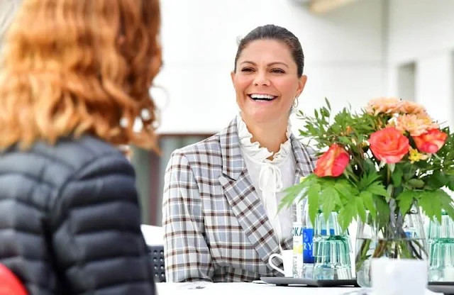 Crown Princess Victoria wore Karah blazer and Rosetta pants from By Malina, and gold flower dress from Dagmar