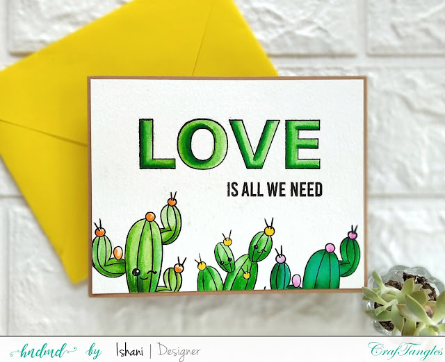 Cactus card, Craftangles stuck on you, Craftangles stamps, water colouring, Copic markers, Polychromos, Cute cards, Repetitive stamping, off the edge stamping, CAS card, Quillish