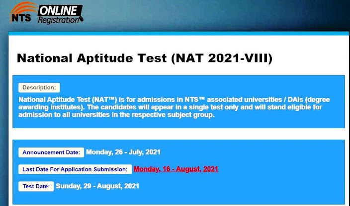 National Testing Service NTS  National Aptitude Test (NAT 2021-VIII)