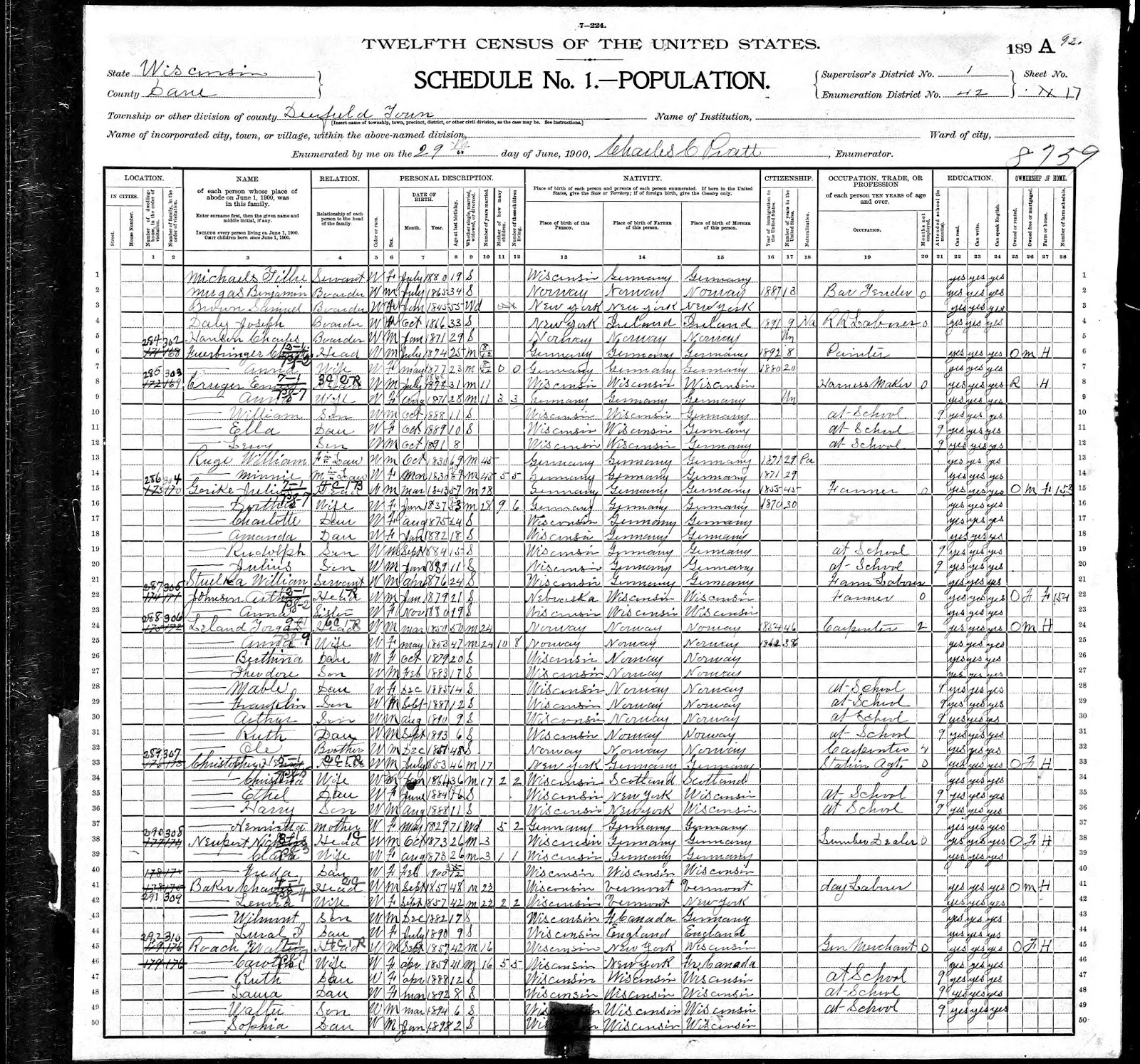 Genea Musings Treasure Chest Tuesday 1900 U S Census For The Torger Leland Household In Deerfield Dane County Wisconsin