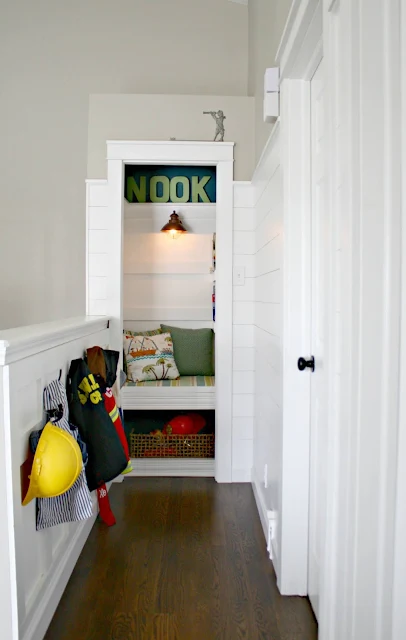 book nook created from linen closet