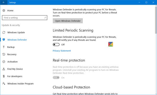 настроить Защитник Windows в Windows 10