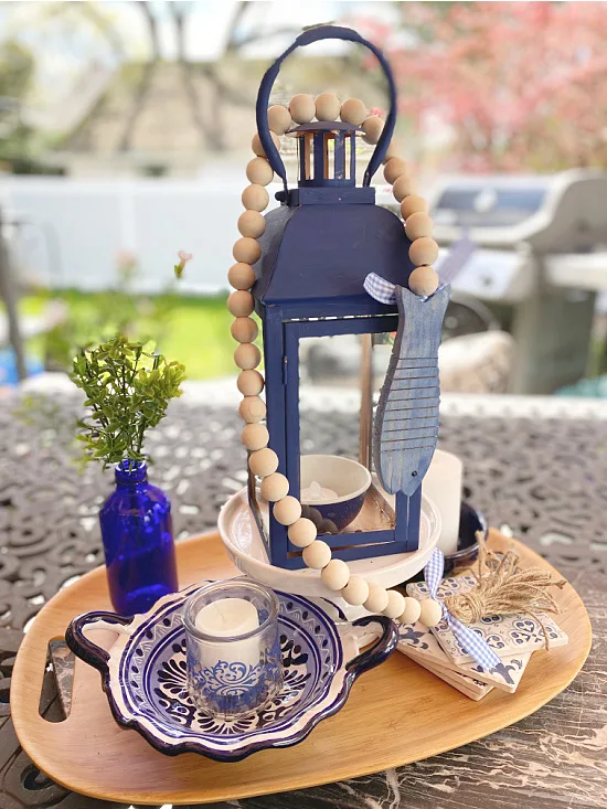blue accessories on outdoor table