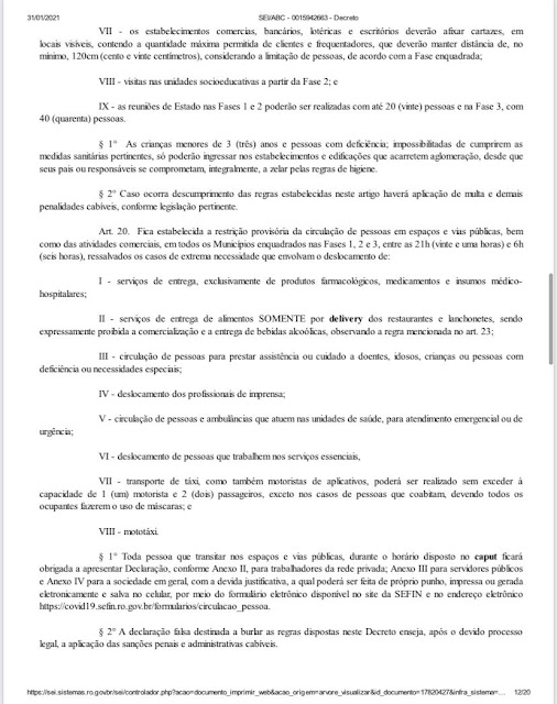 Novo decreto mantém Porto Velho e outras 11 cidades na Fase 1 e determina toque de recolher das 21h às 6h 33 Novo decreto mantém Porto Velho e outras 11 cidades na Fase 1 e determina toque de recolher das 21h às 6h