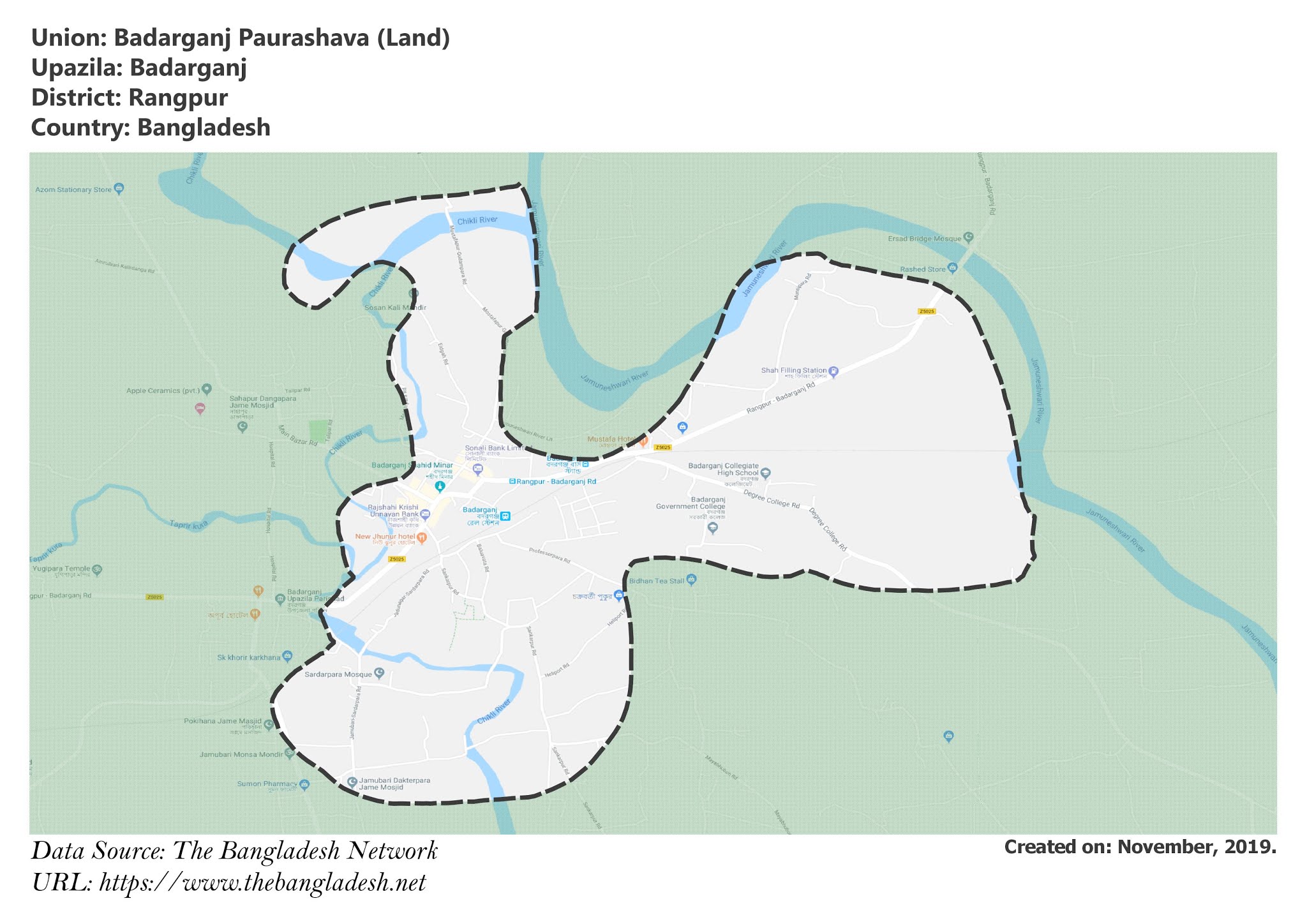 Map of Badarganj Paurashava of Rangpur, Bangladesh.