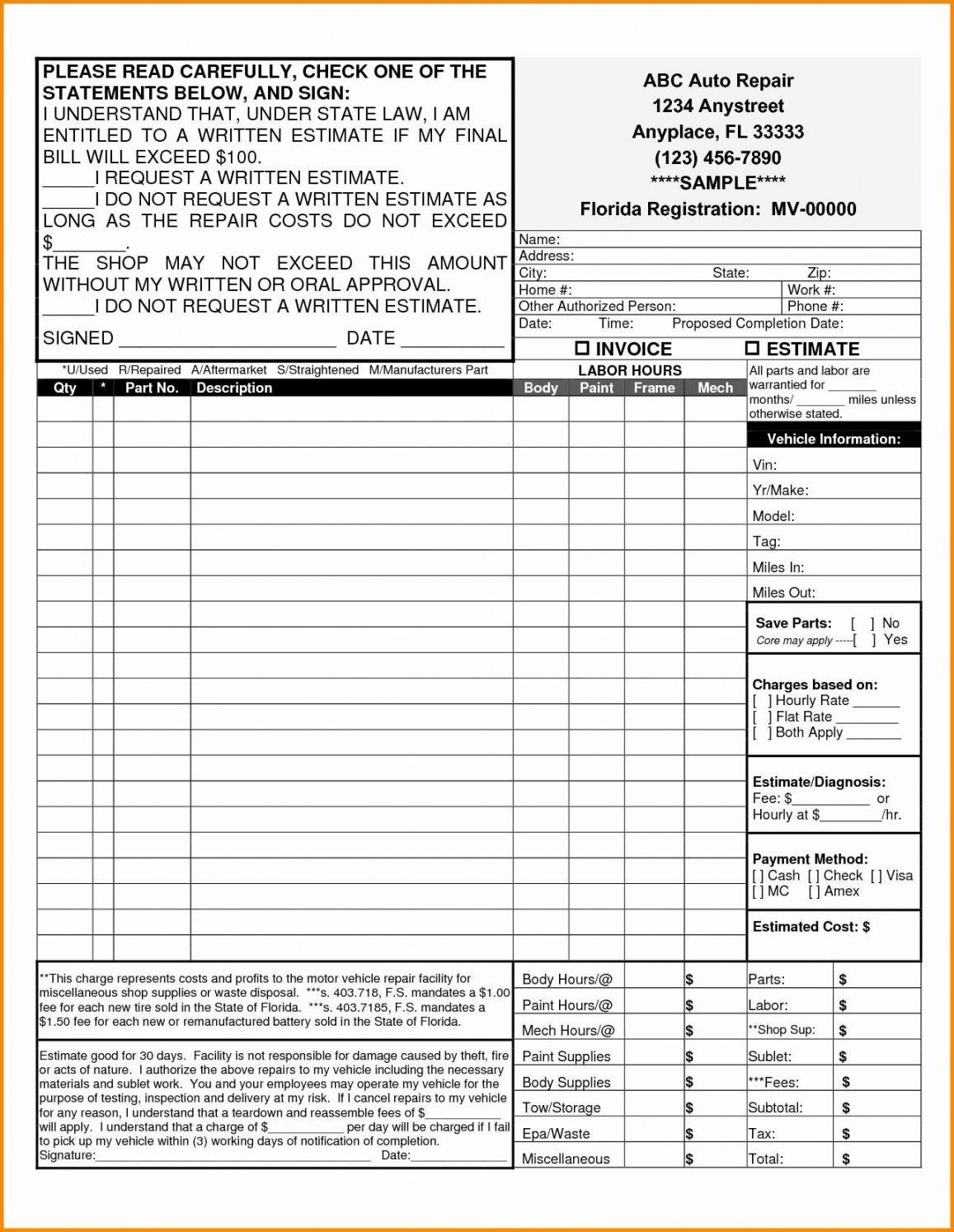 Auto Body Shop Receipt - Invoice Template