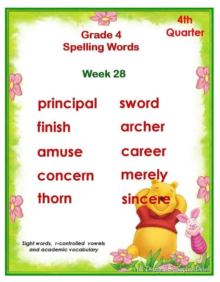 Complete Set of Spelling Words Grade 4 1st4th Quarter The Teacher's