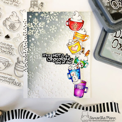 It's a Hot Chocolate Kind of Day Card by Samantha Mann for Newton's Nook Designs, Embossing Paste, Stencil, Snowflakes, Heat Embossing, Cup of Cocao, Snowfall, #newtonsnook #snowflakes #cocoa