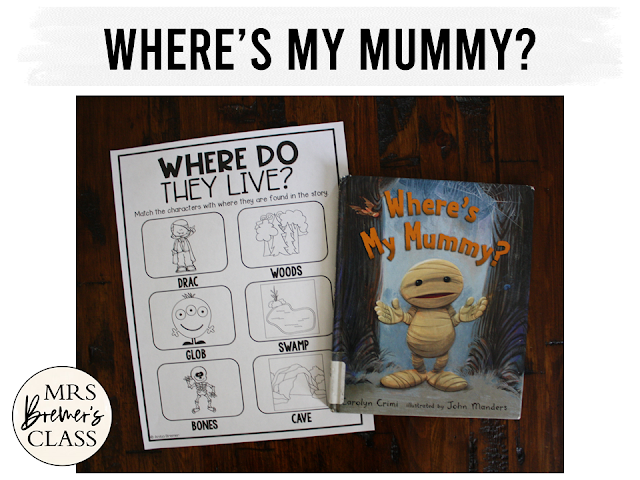 Where's My Mummy book study activities unit with Common Core aligned literacy companion activities and a craftivity for Halloween in Kindergarten and First Grade