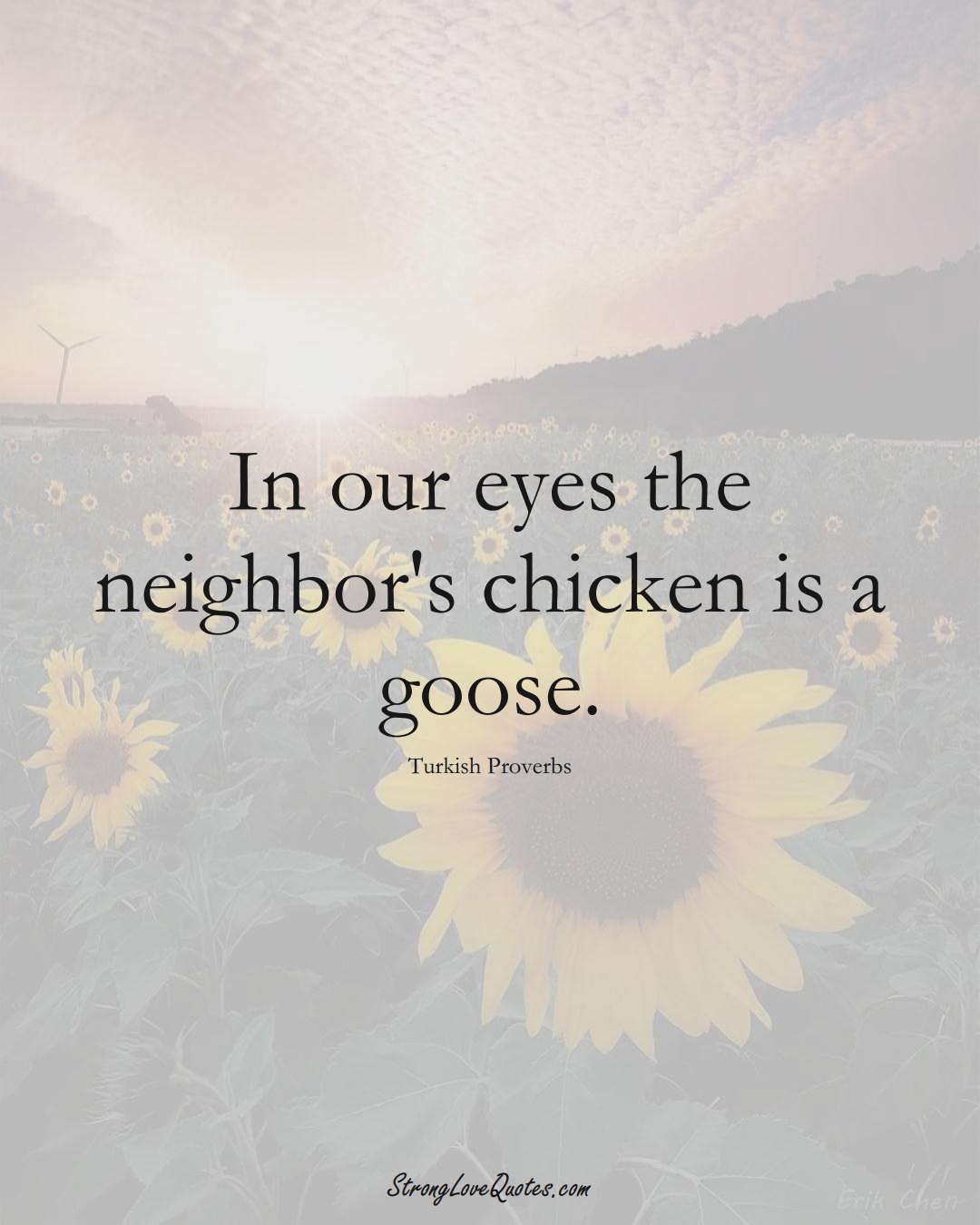 In our eyes the neighbor's chicken is a goose. (Turkish Sayings);  #MiddleEasternSayings
