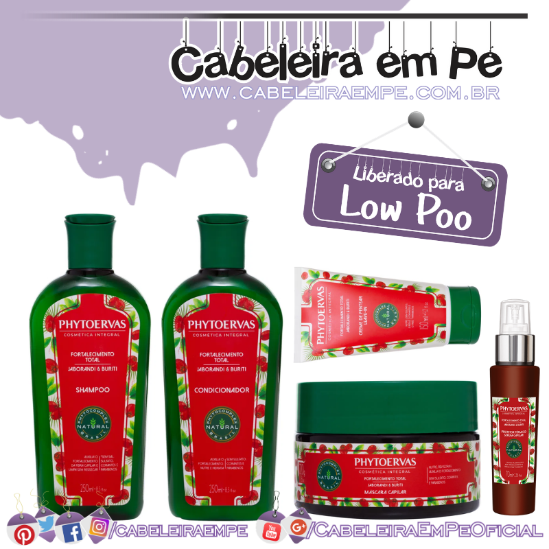 Shampoo, Condicionador, Máscara, Protetor Térmico e Creme para Pentear Fortalecimento Total Jaborandi e Buriti - Phytoervas (Low Poo)