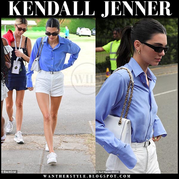 Kendall Jenner in blue shirt and white shorts at Wimbledon on July 14