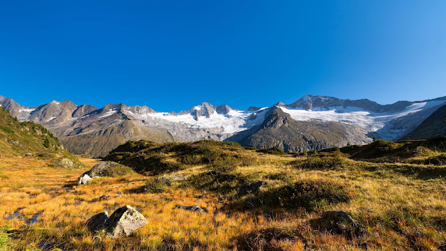 Wallpaper snowy mountains, field, blue sky Wallpaper snowy mountains, field, blue sky