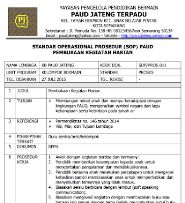 Contoh SOP Pembukaan Kegiatan Harian PAUD Kurikulum 2013 Terbaru