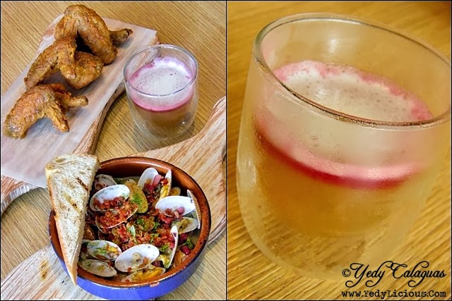 Lil' Clams & Bacon Bits, Buttermilk Wings, and  Bonifacio Sour cocktail drink at 'Cue Restaurant BHS