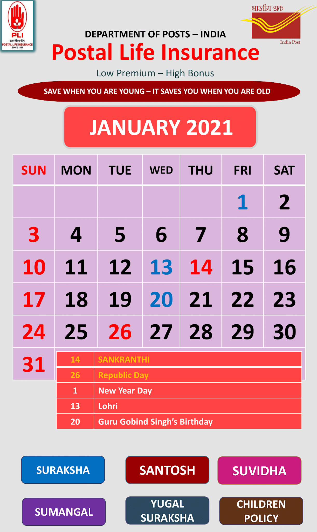 Department of Posts PLI Calendar for the Year 2021 SA POST
