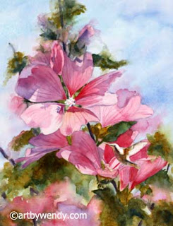 painting of a hollyhocks bush in bloom with a hummingbird
