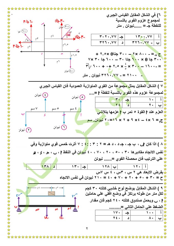 استاتيكا - اختبار استاتيكا على النظام الجديد اختيار من متعدد بالإجابة للصف الثالث الثانوى  2