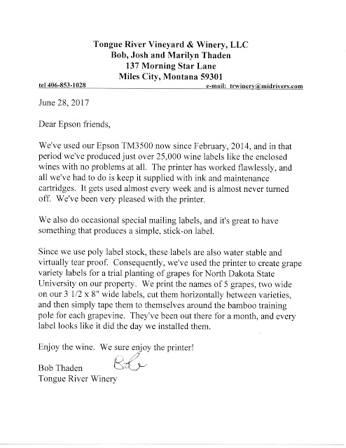 Letter from Tongue River Winery