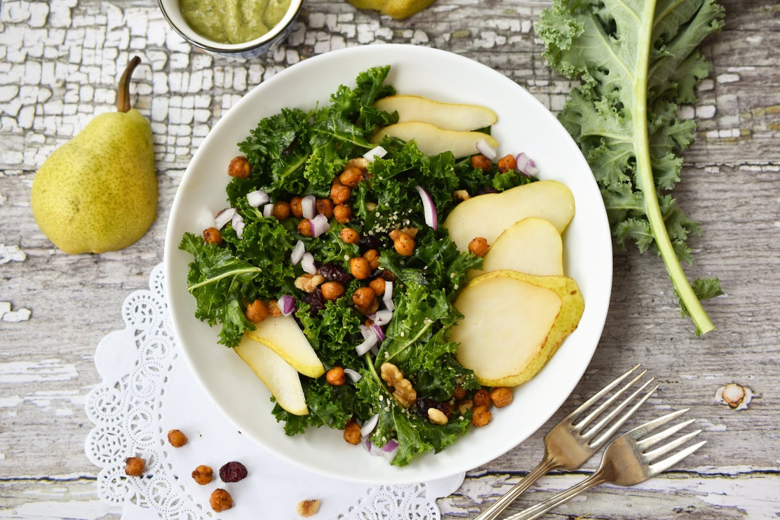 Woman in Real Life Kale Salad With Avocado Dressing and Fresh Pears (Recipe)
