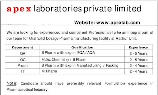 Apex Laboratories Pvt. Ltd Multiple Openings in Production / QC / QA / Technology Transfer Department | Apply Online