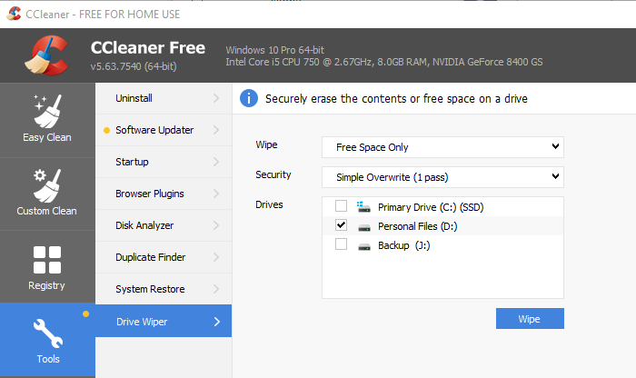 CCleaner Wiipe พื้นที่ว่างในไดรฟ์