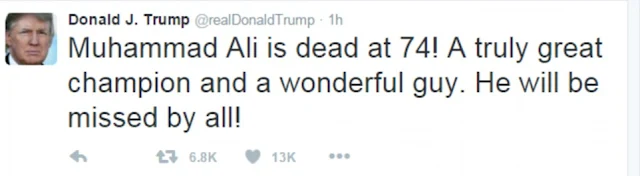 Donald Trump tweets that Muhammad Ali was 'a truly great champion and a wonderful guy'