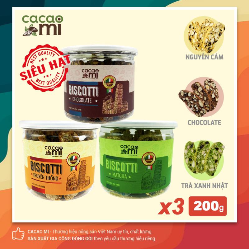Combo 3 Hộp Bánh Biscotti Cacaomi Nguyên Cám 3 Vị Truyền Thống, Chocolate, Trà Xanh