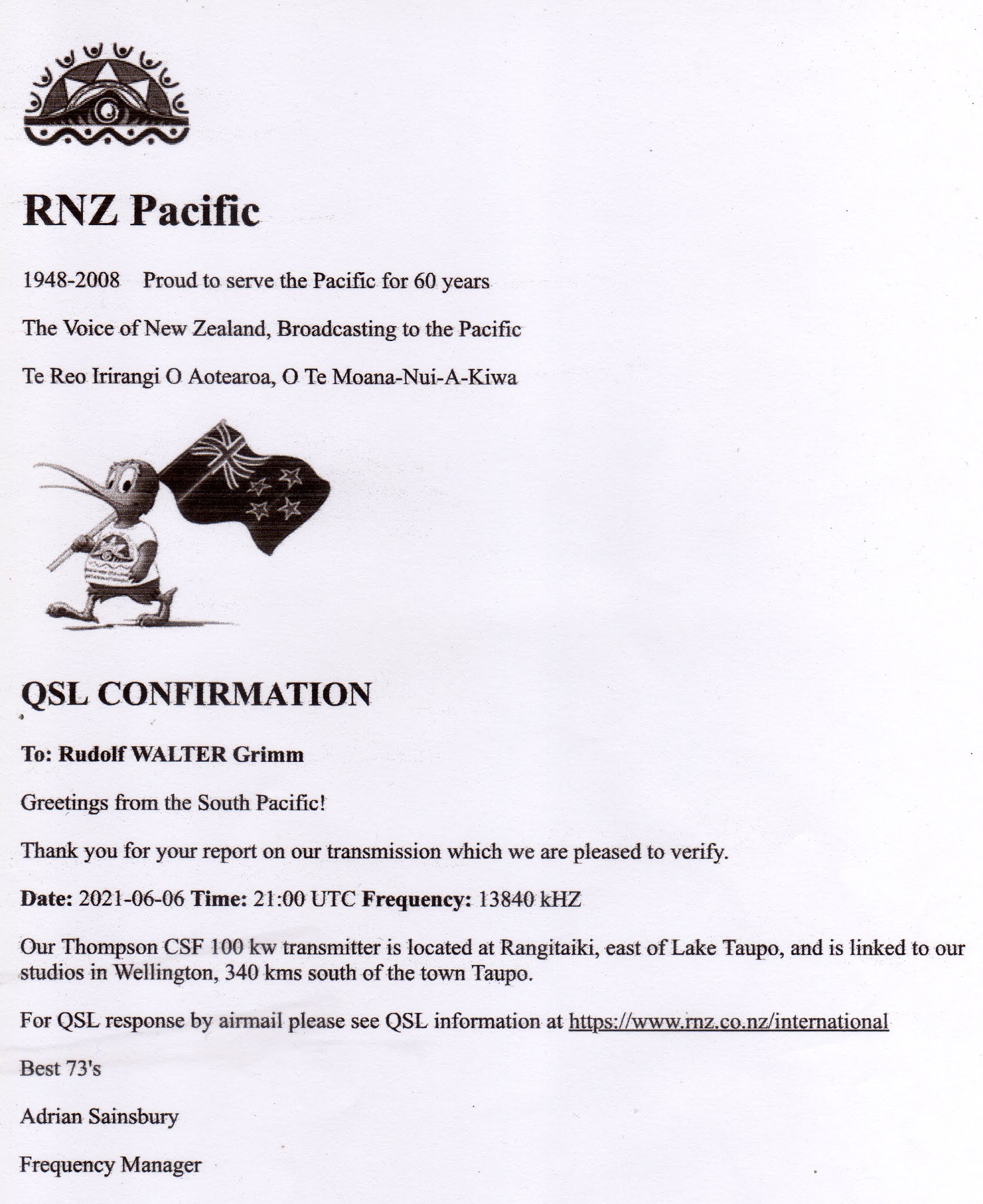 DXwaysbr eQSL arrived 13840 kHz Radio New Zealand International
