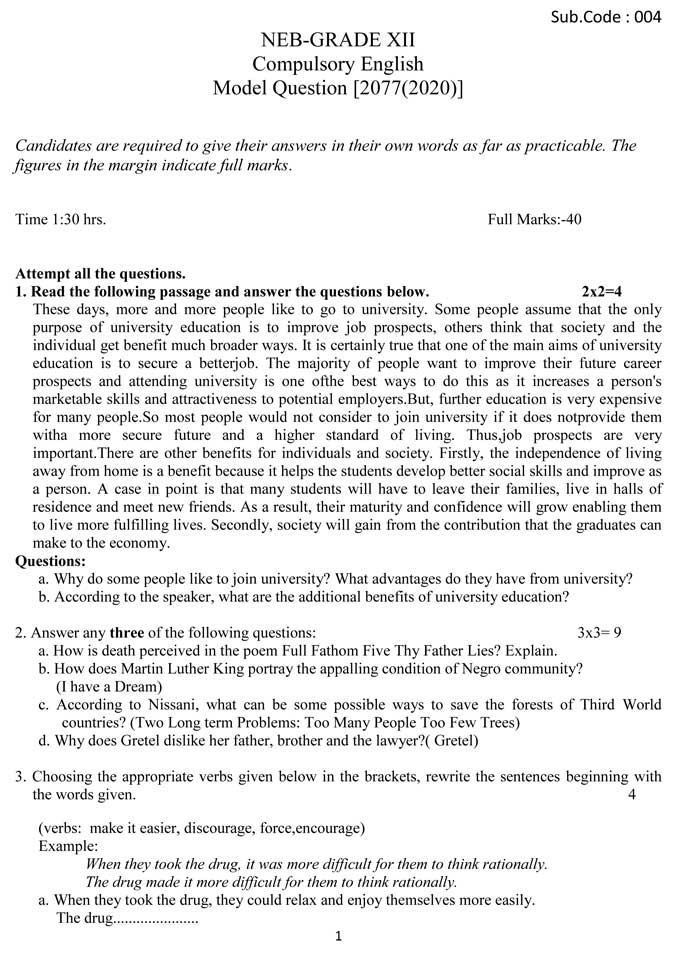 NEB Grade 12 Compulsory English Model Question