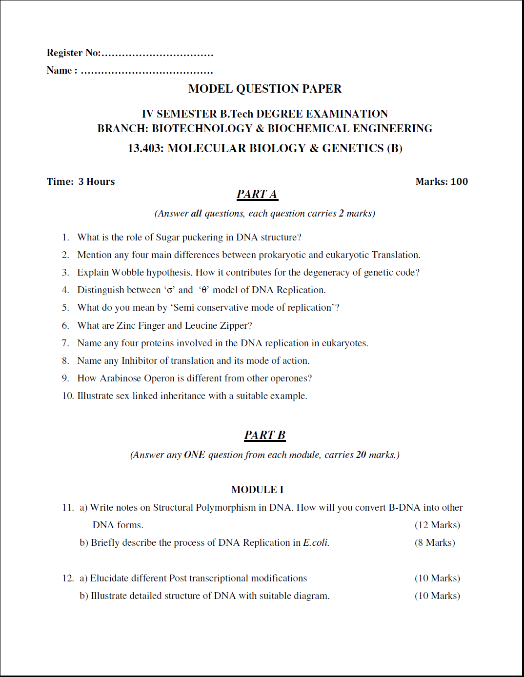 Kerala University B.tech Molecular Biology & ( B ) 2015