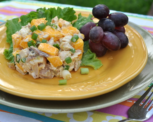 Mango Chicken Salad, another Quick Supper ♥ KitchenParade.com, quick and easy chicken salad, just cooked chicken with chunks of mango in a light yogurt sauce.