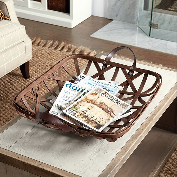 tobacco tray basket leather handles magazines coffee table