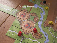 Carcassonne - Crispin laid the last tile of the game to complete Natalie's Cathedreral city. What a nice chap!