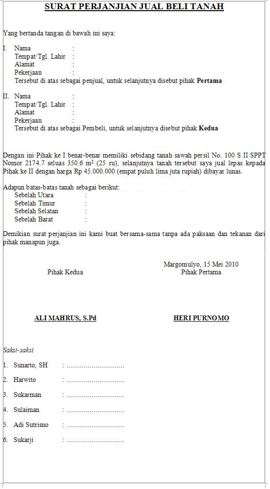 Contoh Surat Perjanjian Jual Beli Tanah  Otak Kreatif