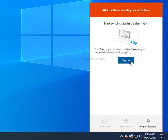 Fix OneDrive a besoin de votre attention, recommencez la synchronisation en vous connectant