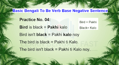 Practice No. 04:  Bird is black = Pakhi kalo [Bird = Pakhi, Black= Kalo] Bird isn't black = Pakhi kalo noy  The bird is black = Pakhi ti Kalo.  The bird isn't black = Pakhi ti Kalo noy.
