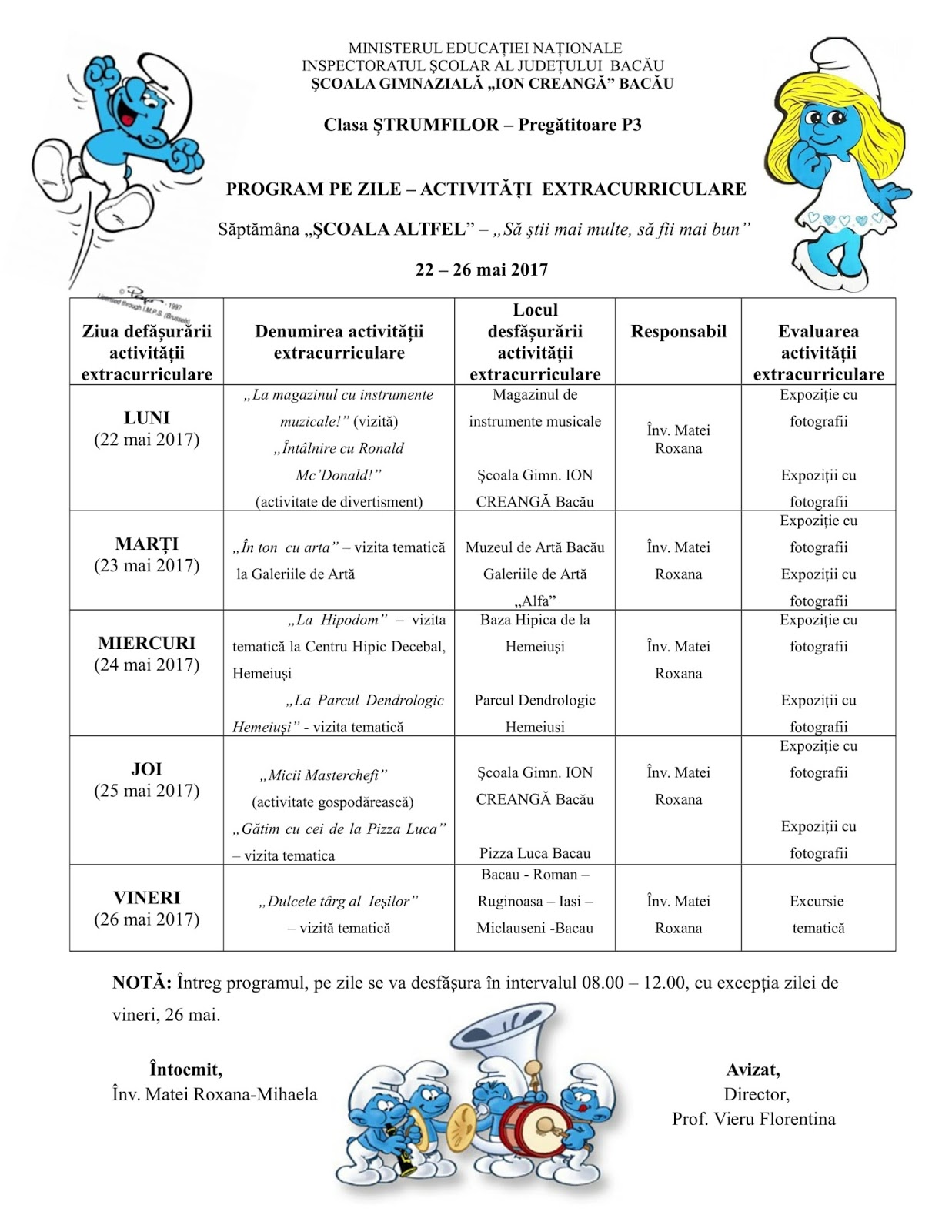 Clasa strumfilor programul de activitati care se va desfasura in